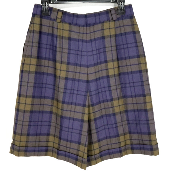 Louis Feraud Shorts Womens 8 Wool Blue Green Plaid Pleated Cuffs Lined Zip Vtg - Picture 2 of 10